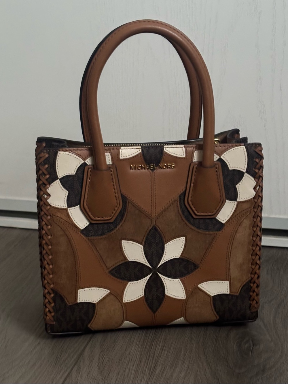 Michael Kors Brown and Cream Floral Patchwork Satchel